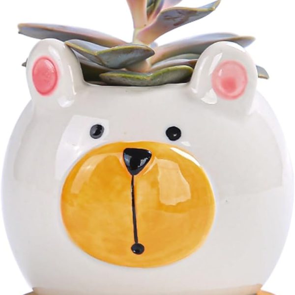 Cute Animal Succulent Planter Pots Ceramics Small Planter with Drainage Tray Cartoon Shaped Figurine Plant Pot for Mini Plants Flower Cactus, Smooth Shiny Ceramic - No Plants (Bear)