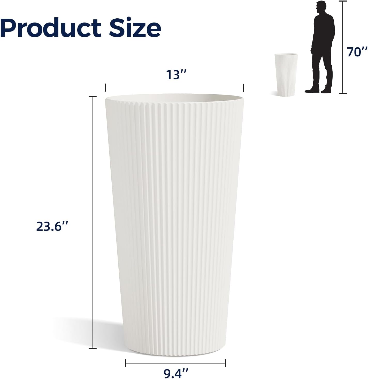 23.6" Tall Planter for Outdoor Plants Set of 2 Large Outdoor Plastic Striped Flower Pots, Front Porch Furniture, Garden Pots, Decorative Planters for Indoor/Outdoor, Patio, Balcony, White - Image 2