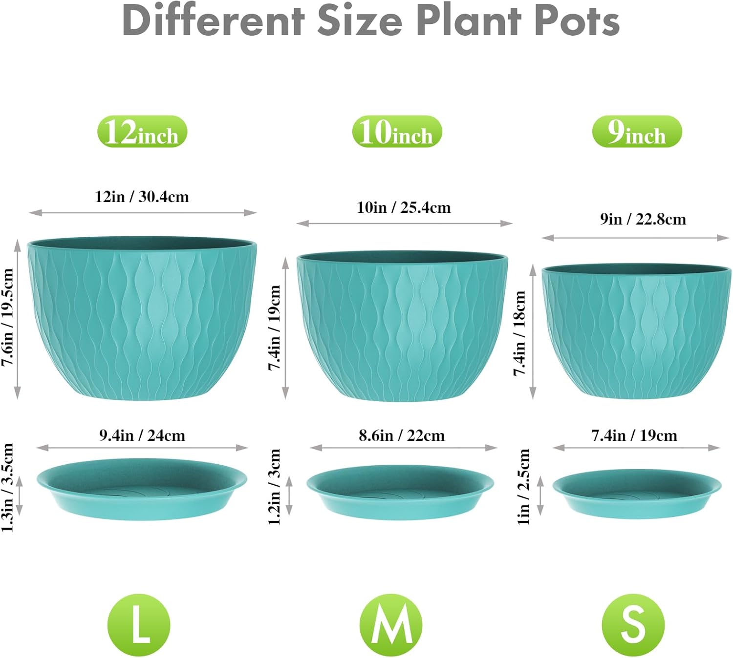 Large Plant Pots 12/10/9 inch, 3 Pack Big Flower Pots for Outdoor Indoor Plants with Water Ripples, Wide Plastic Planters with Drainage Holes and Saucers for Garden Home Decor, Blue Green - Image 2