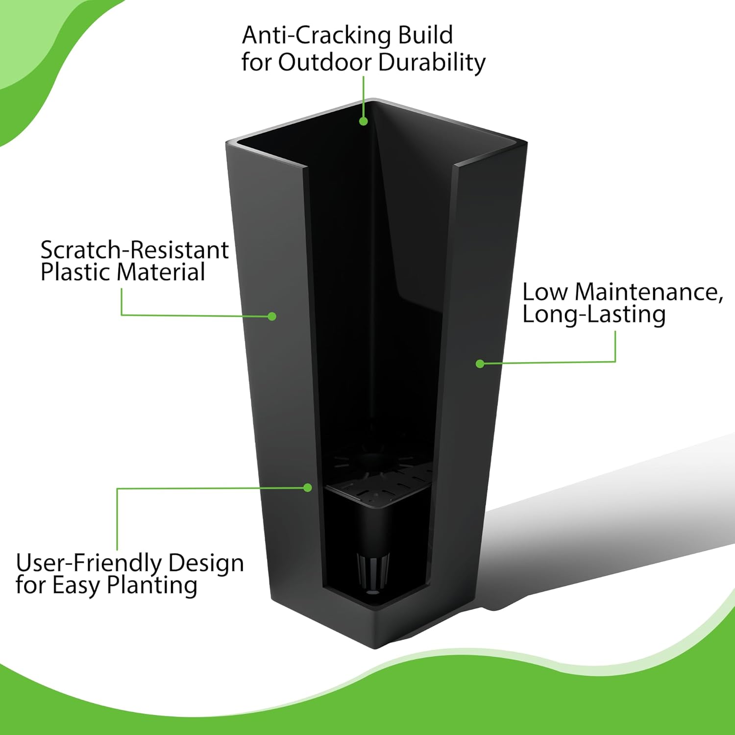 Set of 2 Tall Planters for Outdoor Plants, 24 Inch Large Tapered Pots with Drainage Trays, Weather-Resistant Plastic Plant Containers for Patio, Porch, Garden, Front Door Decor,Black - Image 2