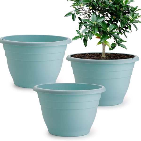 3 Pack 11 Inch Plant Pots with Drainage Hole and Plug, Durable Plastic Flower Pots for Indoor & Outdoor Plants, Elegant Mordern Plant Pots Perfect for Herbs, Flowers & Succulents, Blue