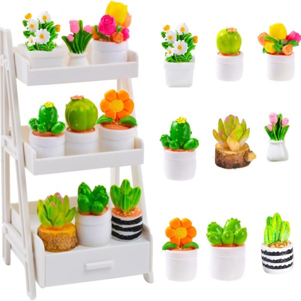 10 Pcs Miniature Dollhouse Plants Flowers with White Plant Stand, Mini Resin Plants Miniature Bonsai Plant Mini Potted Plants Artificial Tiny Greenery Ornament for Dollhouse Decorations