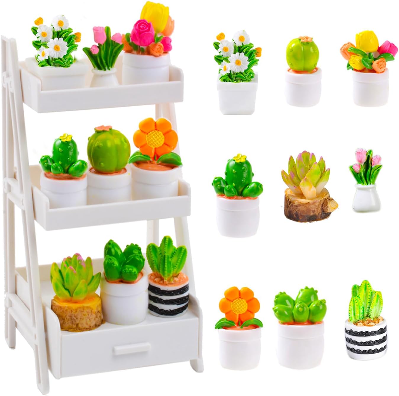 10 Pcs Miniature Dollhouse Plants Flowers with White Plant Stand, Mini Resin Plants Miniature Bonsai Plant Mini Potted Plants Artificial Tiny Greenery Ornament for Dollhouse Decorations