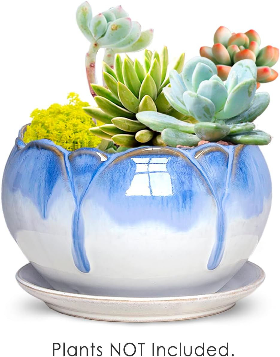 Dahlia 5.5'' Inch Rustic Drip Glazed Ceramic Planter/Succulent Pot/Plant Pot w. Saucer/Tray, White - Image 2