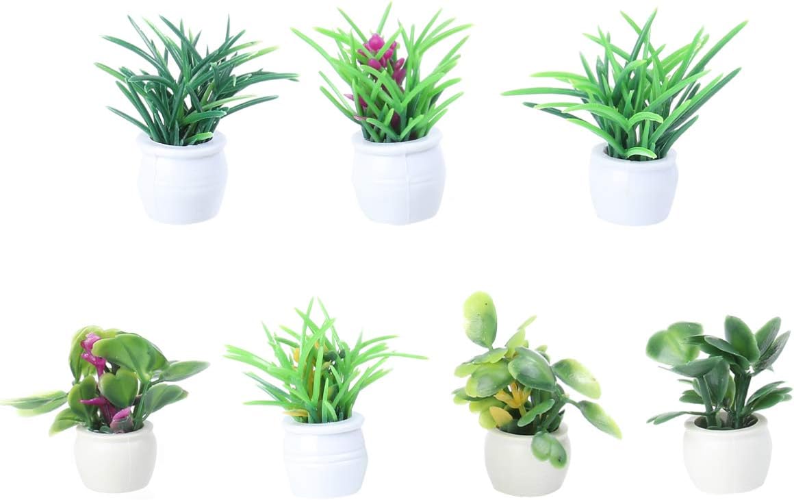 7Pcs Artificial Mini Potted Plants Tiny Miniature Decorative Pot Grass Greenery in Pots for Miniature Garden Dollhouse 2x2x3cm