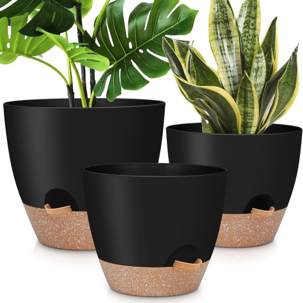 12" 10" 9" Large Self Watering Plant Pots, 3 Pack Flower Pots Planters with Multi Mesh Drainage Holes for Indoor Outdoor Garden Plants and Flowers (Black)