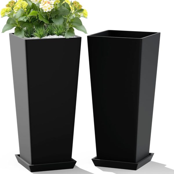 Set of 2 Large Tall Planter for Indoor or Outdoor 24" Flower Pots Tapered Tall Planters with Tray for Porch, Patio, Backyard, Large Planters for Outdoor Indoor Plants(Black)