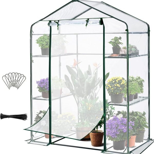 Greenhouse for Outdoors, Mini Walk-in Portable Flower Garden Plant Kit Outside, Heavy Duty 3 Tiers 4 Shelves Steel Frame & Durable Cover W/ Screen Door, 4.7x2.4x6.4 FT, Clear