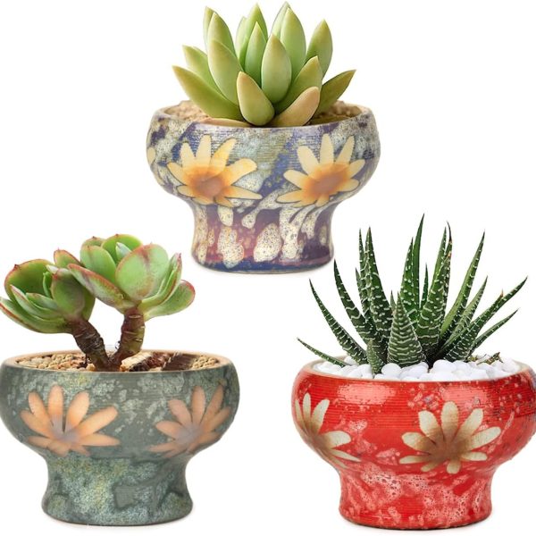 Small Succulent Planters Set of 3, Beautiful Hand Crafted Ceramic Plant Pots Cute Cactus Pot, 4.9 Inch Flower Pots for Indoor Plants with Drainage, Desktop Windowsill Home Office Decor Pots