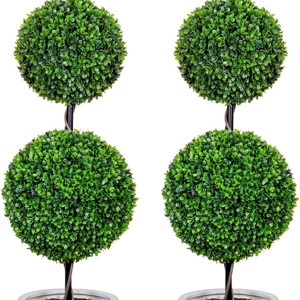 4FT Artificial Triple Ball Topiary Trees with Roman Style Vintage White Planter Pot, Outdoor Indoor Realistic Faux Shrubs Plants, Fake Trees for Home Offices Porch Decor, Set of 2