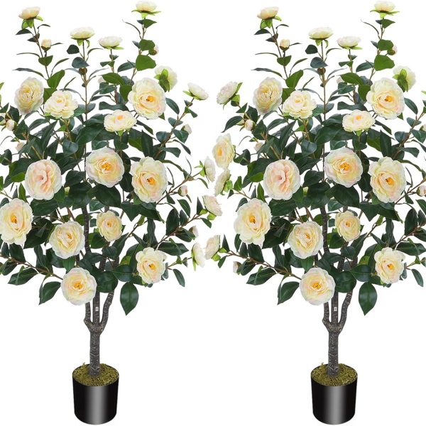 3.6FT Artificial Camellia Fake Tree, Artificial Plants & Flowers with 32 Yellow Pink Flowers for Door Front Decoration Porch Patio Living Room Office Indoor Outdoor Decor (2PCS Contains Dried Moss)