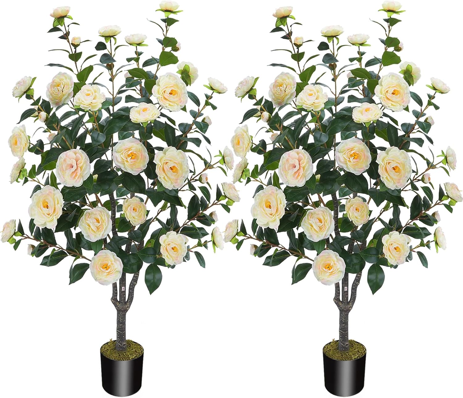 3.6FT Artificial Camellia Fake Tree, Artificial Plants & Flowers with 32 Yellow Pink Flowers for Door Front Decoration Porch Patio Living Room Office Indoor Outdoor Decor (2PCS Contains Dried Moss)