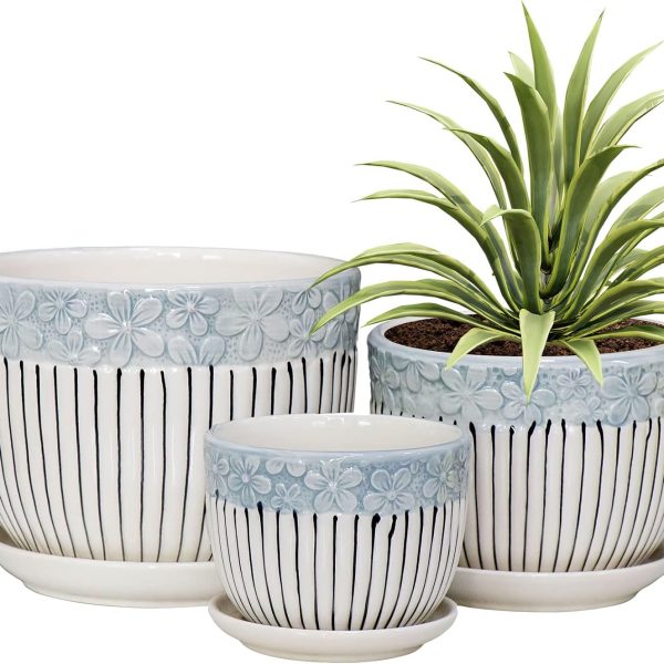 Grey Flower Pots,Texture Planter for Indoor Plants Set of 3 Ceramic Flower Pots with Saucer,Cute Garden Pots Succulent Pots（3 Pack,Grey