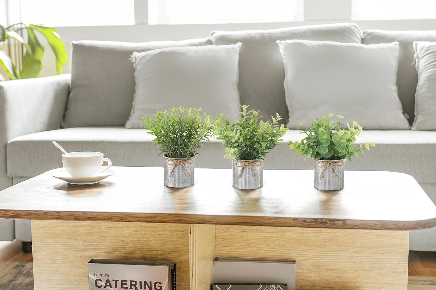 Mini Fake Plants in Farmhouse Galvanized Metal Pots 3 Pack Small Potted Artificial Plant Eucalyptus for Laundry Room Bathroom Shelf Table Decor - Image 2