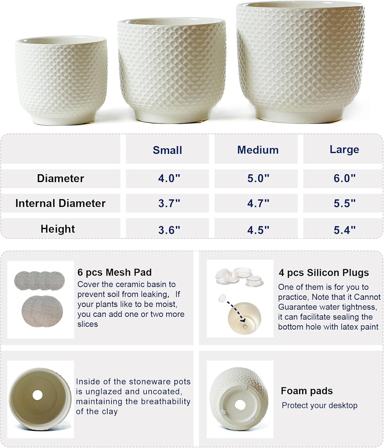4 + 5 + 6 Inch Ceramic Pots for Indoor Plants, Succulents Plant Pots, Orchid Flower Pots with Drainage Hole, Modern Stoneware Clay Planters, Set of 3(White, 4+5+6 Inch) - Image 2