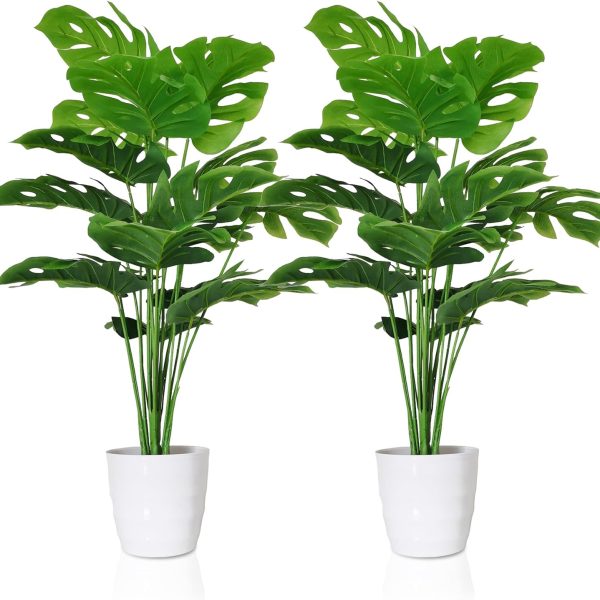 Set of 2 Artificial Monstera Deliciosa Plants in Pots, Fake Tropical Palm Tree with Greenery Leaves Stems, 28 Inch Artificial Cheese Plant for Home Bathroom, Office, Windowsill Decor