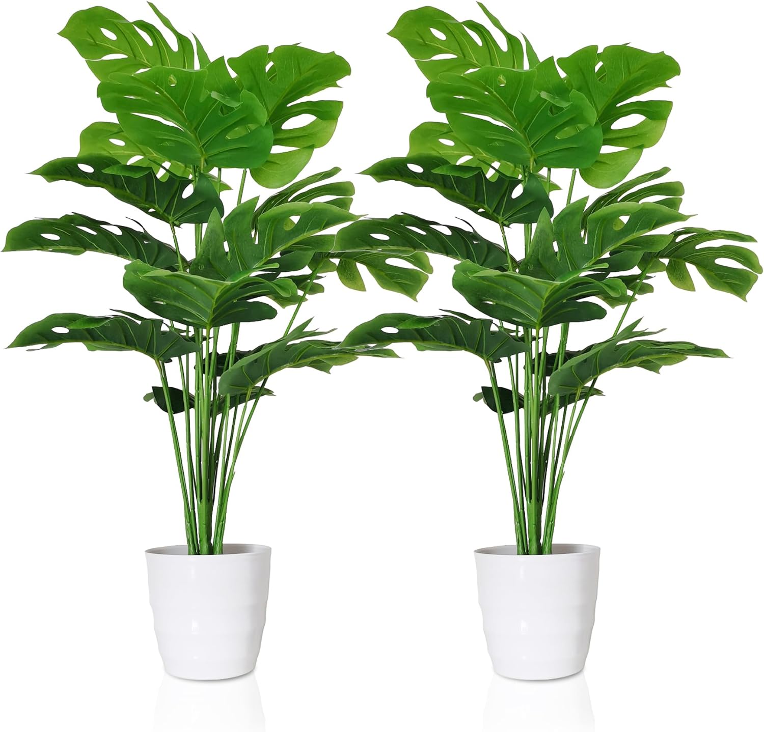 Set of 2 Artificial Monstera Deliciosa Plants in Pots, Fake Tropical Palm Tree with Greenery Leaves Stems, 28 Inch Artificial Cheese Plant for Home Bathroom, Office, Windowsill Decor