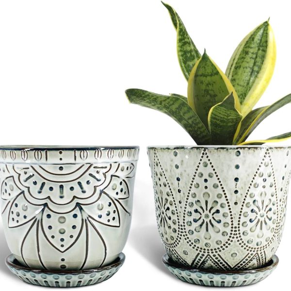 6 Inch Beaded Ceramic Planter Set of 2 with Drainage Hole and Saucer for Plants, Indoor-Outdoor Large Round Succulent Orchid Flower Pot (Smoked Gray, Inner-pots not Larger Than 5 Inch)