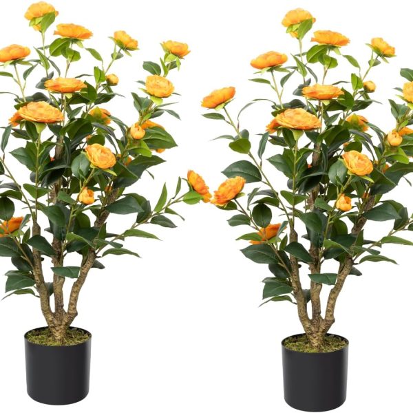 Artificial Camellia Tree, 3FT Faux Camellia Plant in Pot with Orange Flowers for Spring Home Front Door Outdoor Indoor Decoration