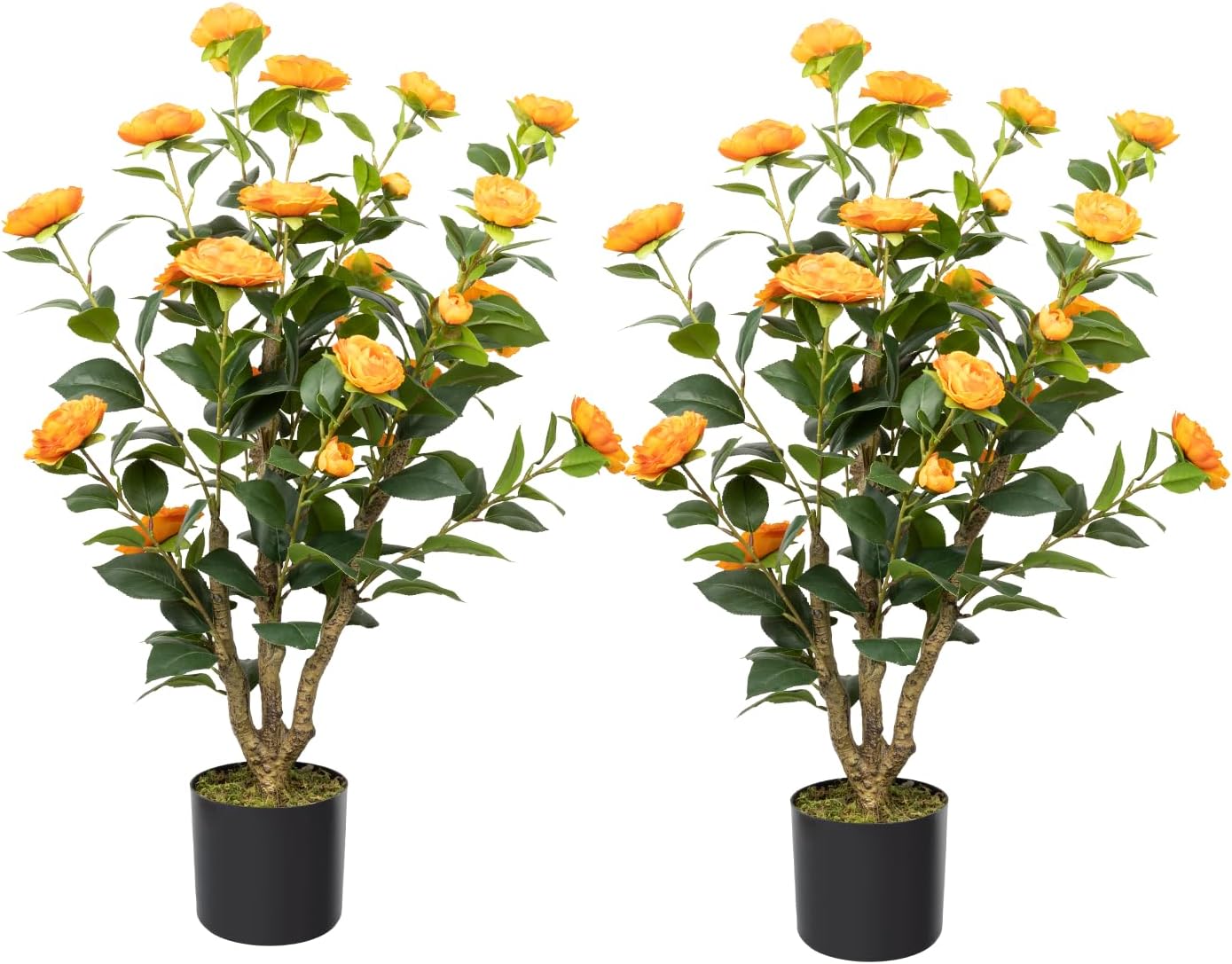 Artificial Camellia Tree, 3FT Faux Camellia Plant in Pot with Orange Flowers for Spring Home Front Door Outdoor Indoor Decoration