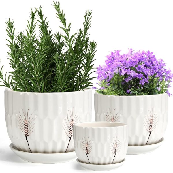 Laerjin Ceramic Plant Pots 4" & 5.5" & 7" Plant Pots Indoor with Drainage, Set of 3 Ceramic Pots for Plants, Outdoor Flower Pot with Drainage Holes and Saucers