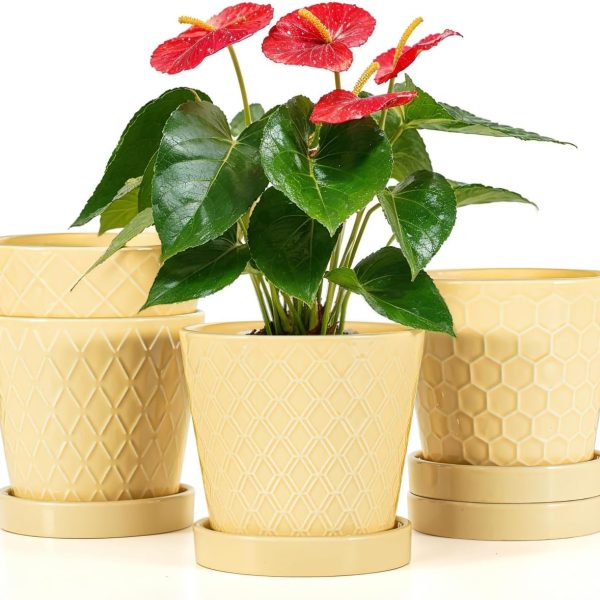 Ceramic Plant Pots –5 inch Indoor Flower Pot with Drainage Hole and Ceramic Tray - Gardening Home Desktop Office Windowsill Decoration Gift, Set of 4-Plants NOT Included(Yellow)