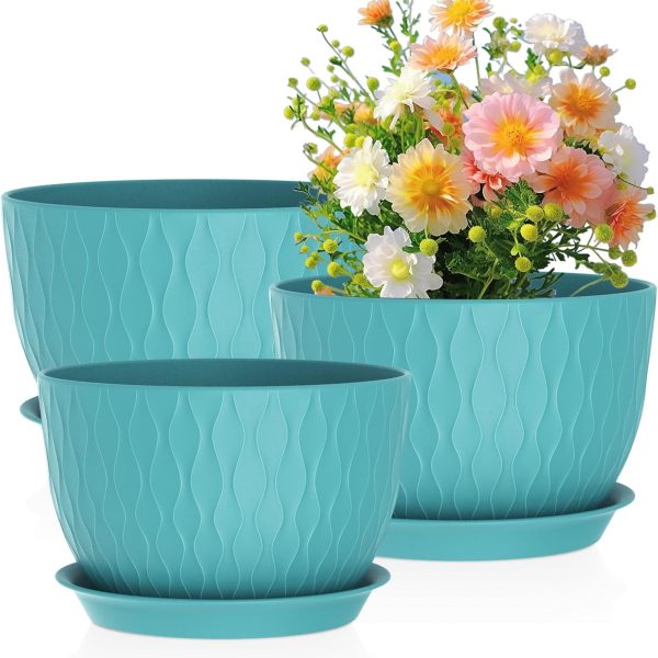 Large Plant Pots 12/10/9 inch, 3 Pack Big Flower Pots for Outdoor Indoor Plants with Water Ripples, Wide Plastic Planters with Drainage Holes and Saucers for Garden Home Decor, Blue Green