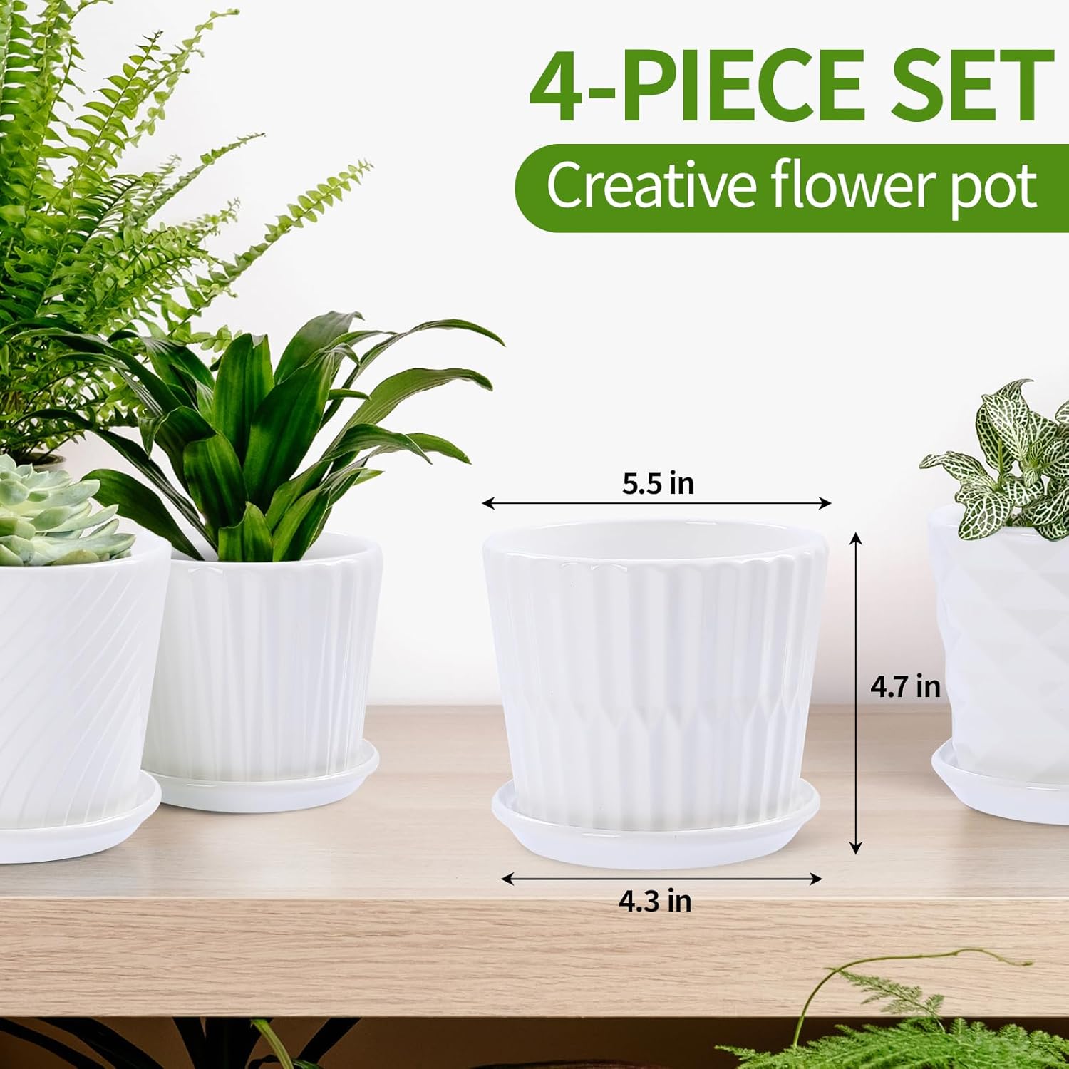 Plant Pots - 5.5 Inch Cylinder Ceramic Planters with Connected Saucer, Pots for Succuelnt and Little Snake Plants, Set of 4, White - Image 2