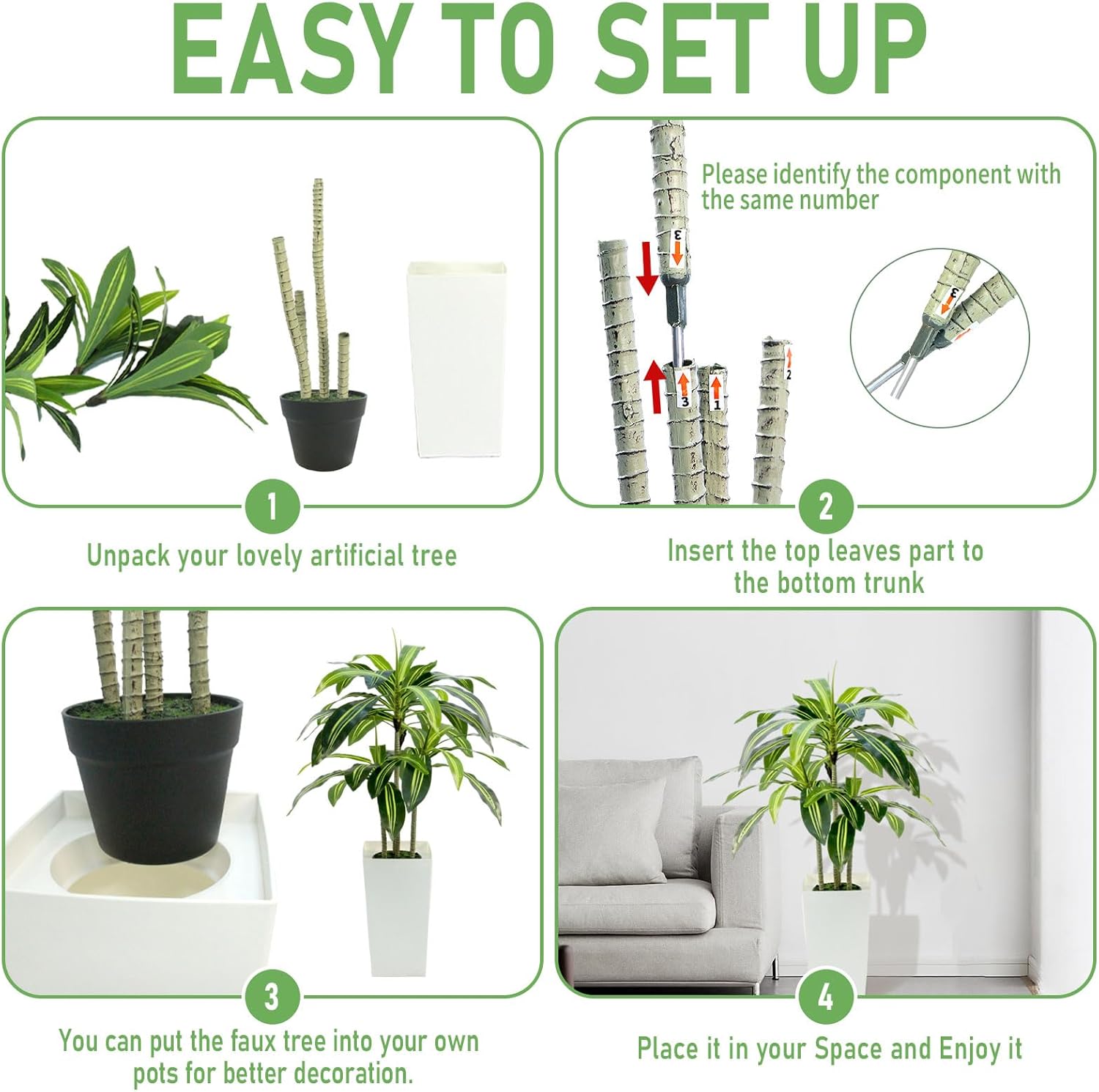 Dracaena Artificial Plant - 4ft Faux Tree with Planter White, UV-Resistant Tropical Faux Dracaena Tree Indoor for Home Decor, Bedroom, Living Room, Porch, Patio, Outdoor Housewarming Gift - Image 2