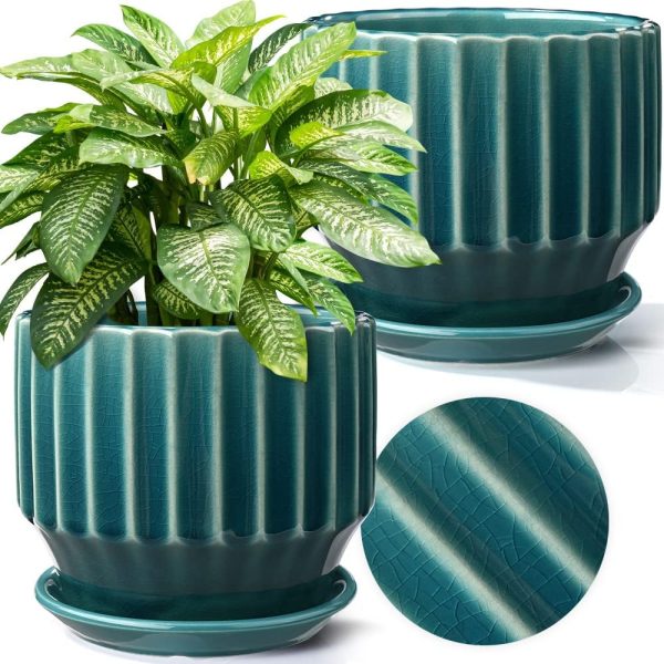 Plant Pots 6 inch Ceramic Pots for Indoor Plants Set of 2 Flower Pots Unique Crackle Glaze Design Plant Pots with Drainage Hole and Saucer Come with Drainage Nets (Aqua Green)