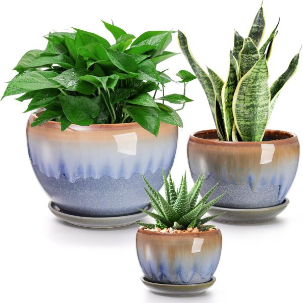 3 Pack Ceramic Plant Pots, Gardening Drip Glazed Planters, Decorative Flower Pot with Drainage Hole and Saucer, Round Rustic Houseplant Container for Succulent Herbs Cactus Orchid, Home Office