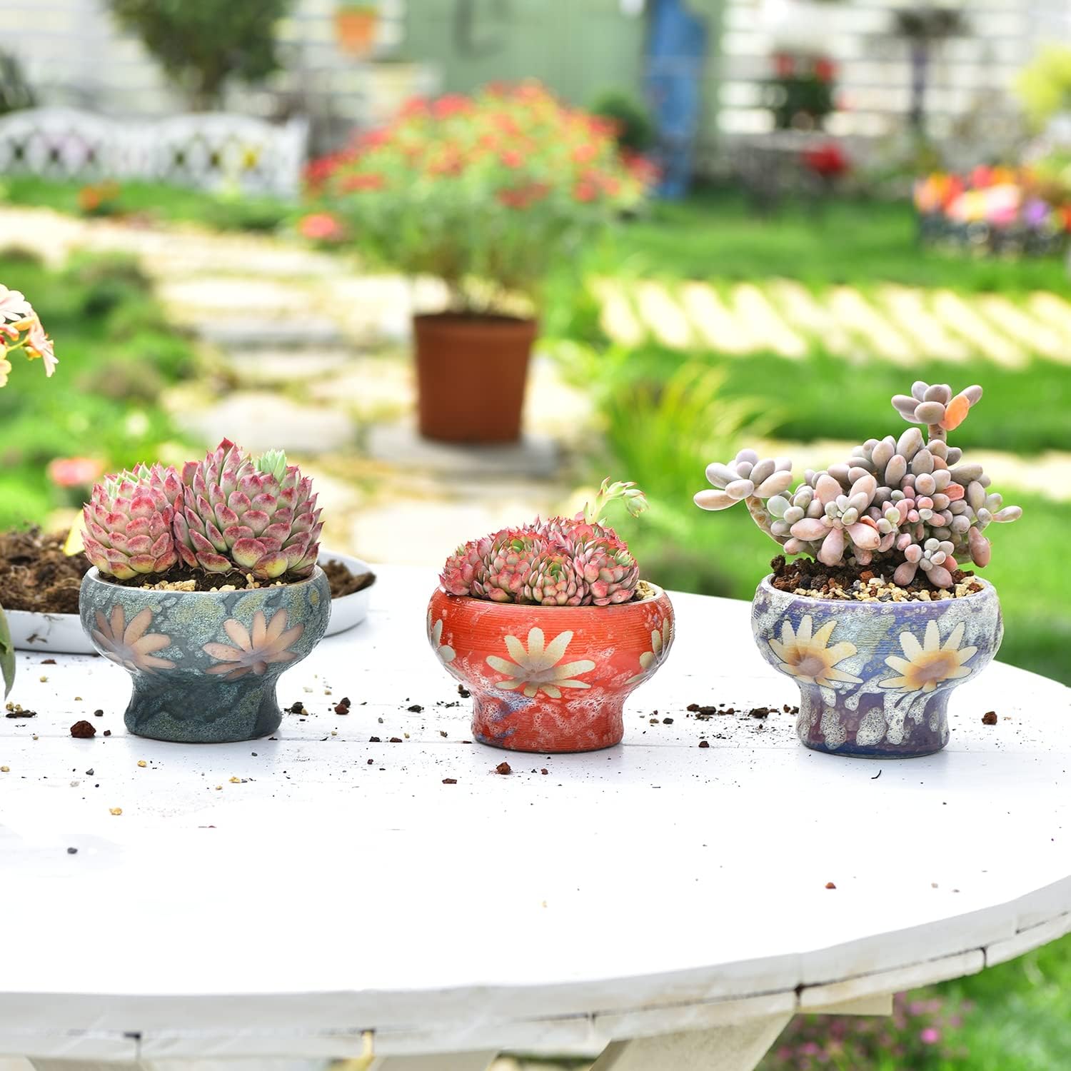 Small Succulent Planters Set of 3, Beautiful Hand Crafted Ceramic Plant Pots Cute Cactus Pot, 4.9 Inch Flower Pots for Indoor Plants with Drainage, Desktop Windowsill Home Office Decor Pots - Image 2
