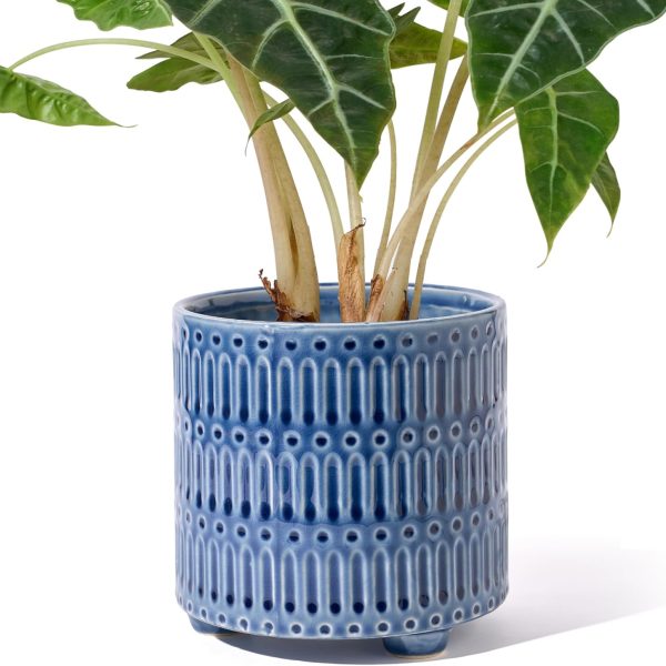 5 Inch Ceramic Planters for Indoor Plants, Blue Cactus Snake Plant Pots with Drainage, Unique Design Round Flower Pot for Home Decoration