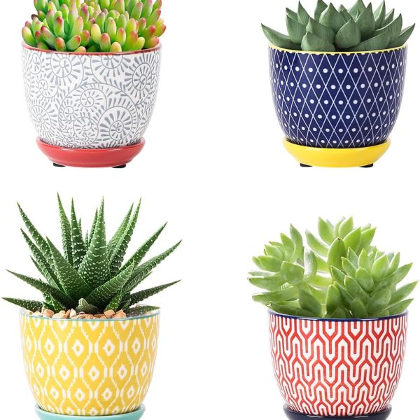 Ceramic Succulent Pots with Drainage Holes, Small Flower Pots 3.5 Inch Plant Pots for Indoor Plants with Saucers, Cactus Succulent, Home Decor, Set of 4, Assorted Colors