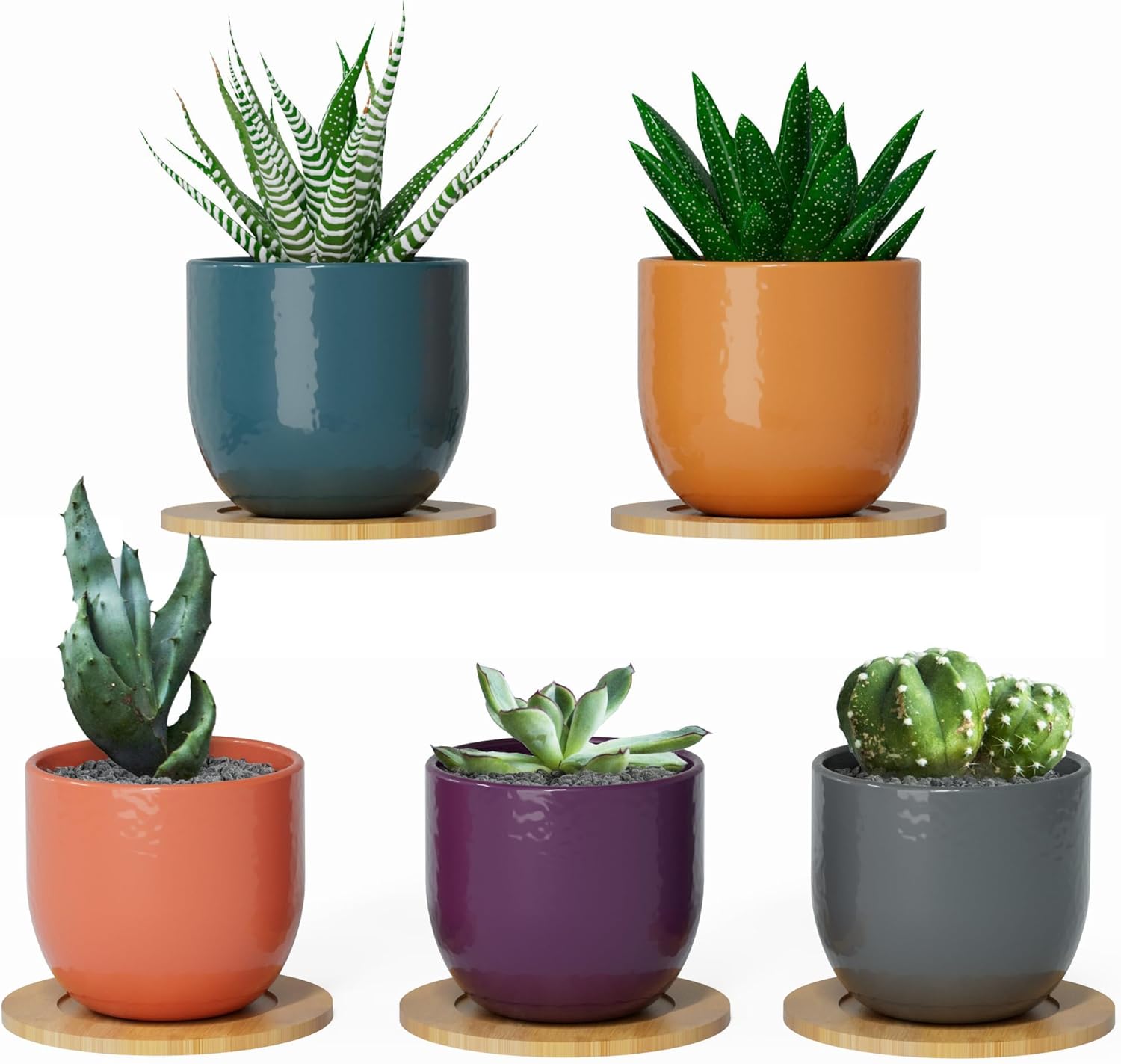 Small Ceramic Plant Pots for Indoor Succulents, Bamboo Coasters, 2.5in H x 2.9in W, Set of 5, Sunrise Aesthetic Decor Theme, with Drainage Hole, Plants Not Included