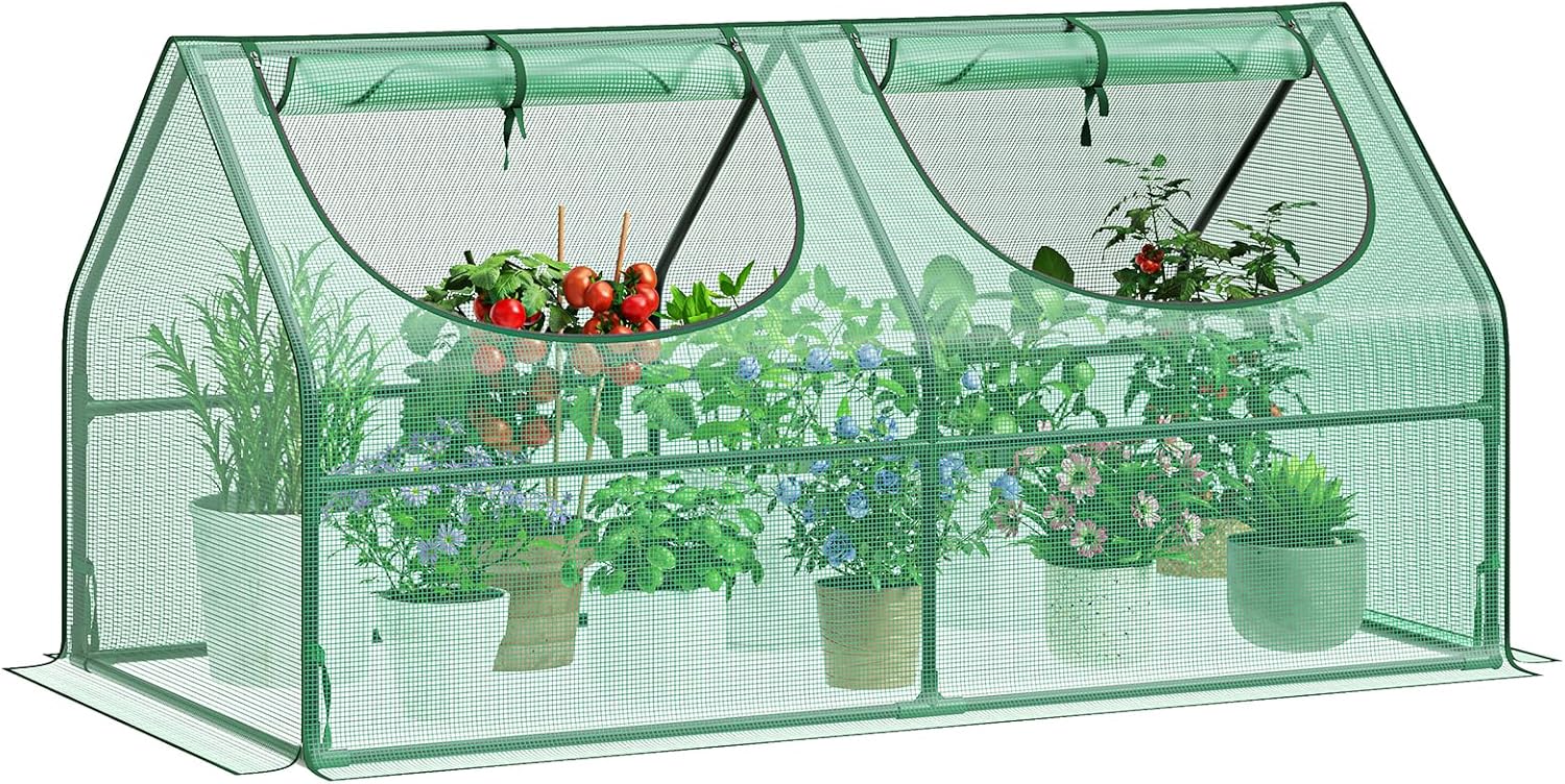 Portable Mini Greenhouse, 3×3×6Ft, High-Density PE Plant Cover with 2 Roll-up Zipper Windows, Perfect for Indoor Outdoor Plant Growing