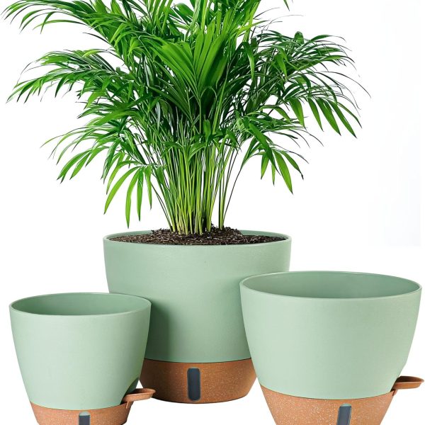 8/10/12 Inch Self Watering Pots for Indoor/Outdoor Plants - Large Plastic Planter with Drainage Holes, Water Level Indicator & Deep Reservoir, Modern Decorative Flower Pots (Green)