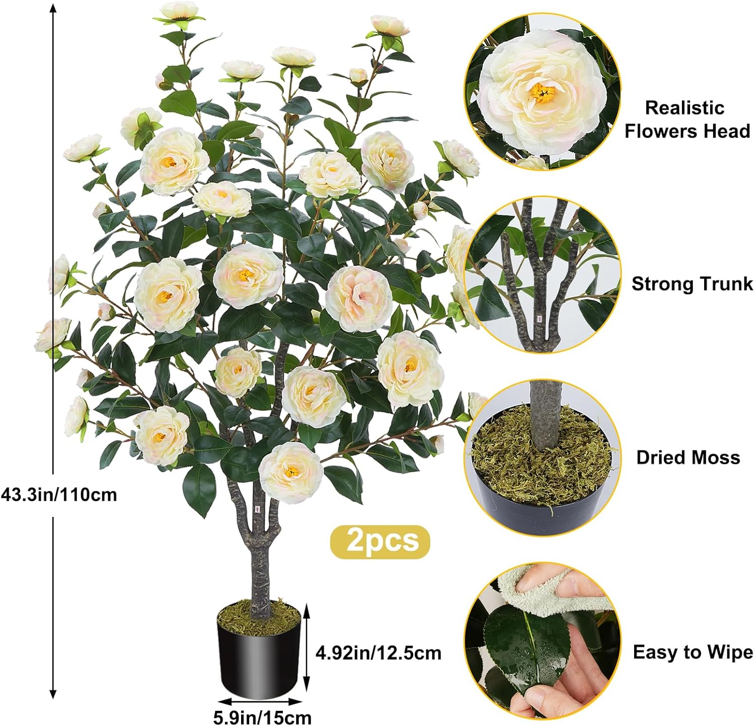 3.6FT Artificial Camellia Fake Tree, Artificial Plants & Flowers with 32 Yellow Pink Flowers for Door Front Decoration Porch Patio Living Room Office Indoor Outdoor Decor (2PCS Contains Dried Moss) - Image 2