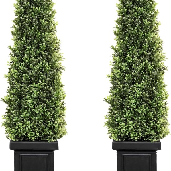 3.5ft Boxwood Outdoor Topiary Set of 2, Tall All Year Green Fake Plant Topiary Trees Artificial Outdoor Porch Trees with Sturdy Pot for Outdoor Indoor (Square)