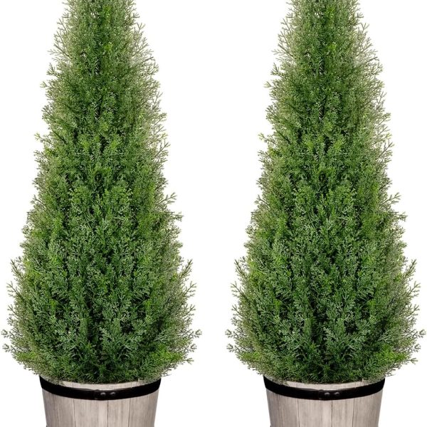3FT Artificial Cedar Topiary Trees with Rustic Barrel Planter, Outdoor Indoor Realistic Faux Pine Shrubs Plants, Fake Cypress Trees for Home Offices Porch Decor, Set of 2