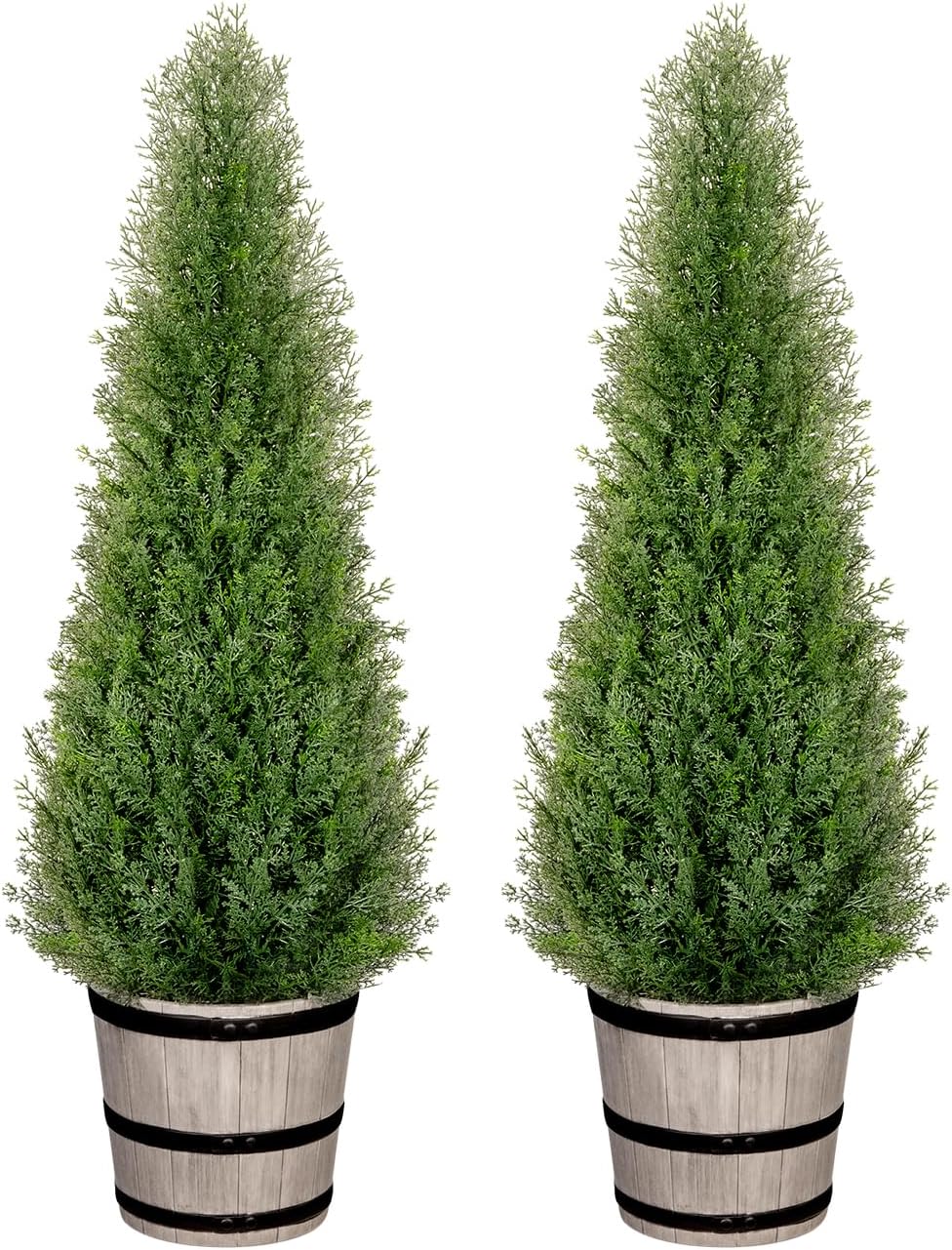 3FT Artificial Cedar Topiary Trees with Rustic Barrel Planter, Outdoor Indoor Realistic Faux Pine Shrubs Plants, Fake Cypress Trees for Home Offices Porch Decor, Set of 2