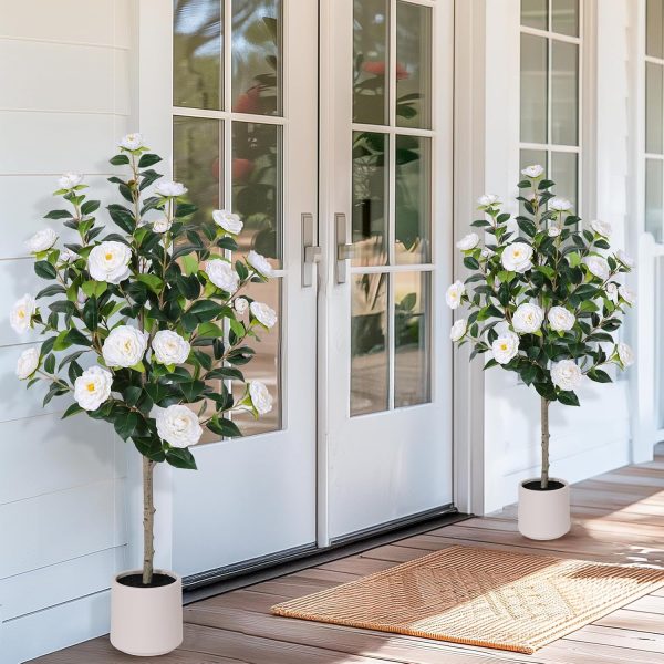 47 inch Artificial Camellia Tree with White Flower Pots -2 Pack White Fake Tree,4 Ft Faux Plants Indoor wich Blooming,Artificial Plants for Indoor & Outdoor Home Front Door Decor