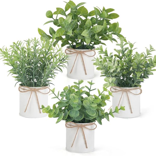 4 Packs Small Fake Plants in Farmhouse Galvanized Pots Table Centerpiece Mini Potted Artificial Plants Faux Eucalyptus for Shelf Office Rustic Home Decor (White)
