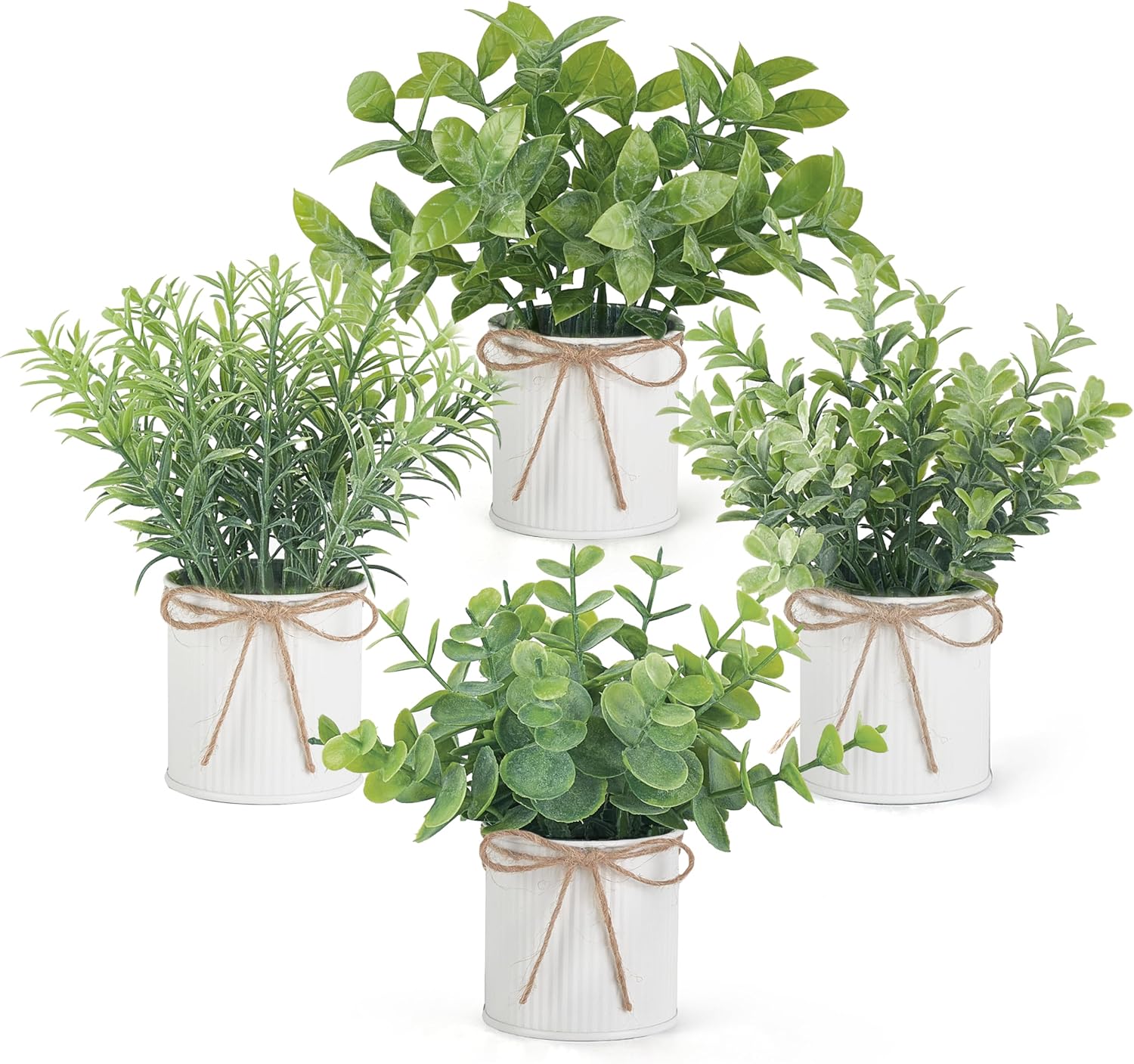 4 Packs Small Fake Plants in Farmhouse Galvanized Pots Table Centerpiece Mini Potted Artificial Plants Faux Eucalyptus for Shelf Office Rustic Home Decor (White)