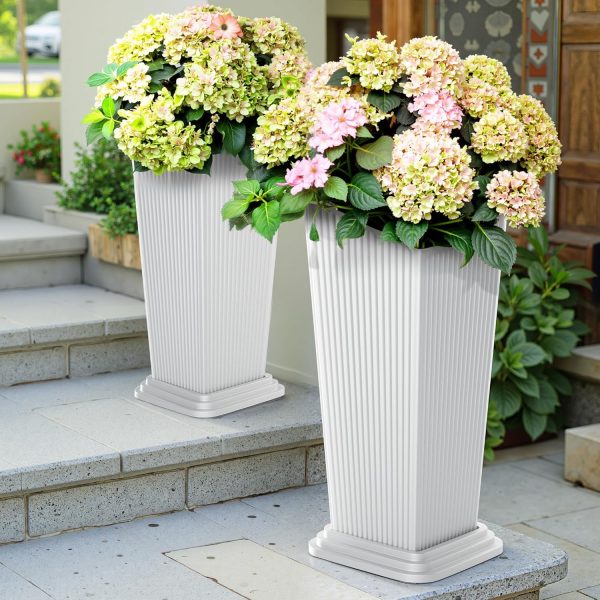 Set of 2 Tall Planters for Outdoor Plants, 24 Inch Large Tapered Pots with Drainage Trays, Weather-Resistant Plastic Plant Containers for Patio, Porch, Garden, Front Door Decor,White, Striped