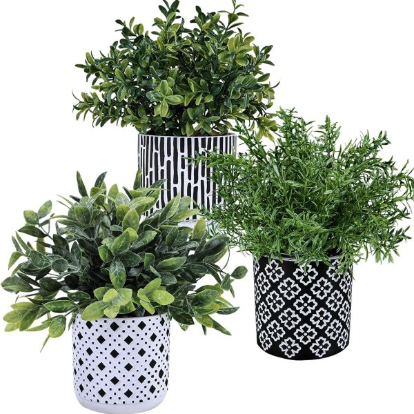 3-Pack Artificial Potted Plants - Faux Eucalyptus, Rosemary, Boxwood Greenery in Small Black & White Geometric Concrete Pots -Desk, Table, Shelf, Windowsill Decor for Indoor Outdoor Home Office
