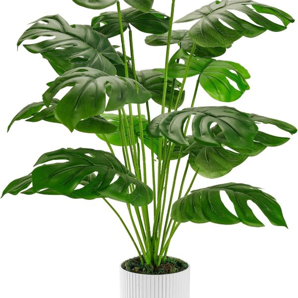 28" Fake Plants Large Artificial Monstera Faux Potted Plants Indoor Tall for Outdoor Floor Front Porch Tree Decor