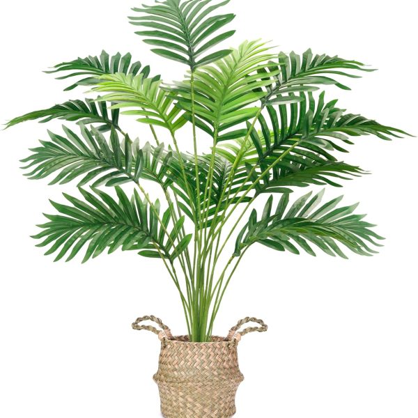 Fake Palm Tree 28Inch Tall Fake Plant Potted Faux Areca Artificial Tree with Hand-Woven Baskets with Handles for Indoor Outdoor Home Office Bedroom Porch Balcony Decor