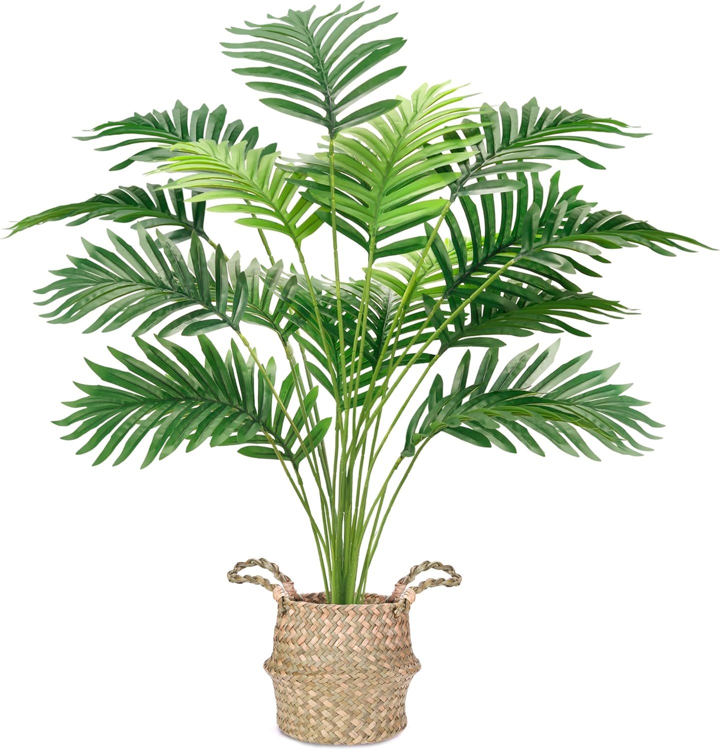 Fake Palm Tree 28Inch Tall Fake Plant Potted Faux Areca Artificial Tree with Hand-Woven Baskets with Handles for Indoor Outdoor Home Office Bedroom Porch Balcony Decor