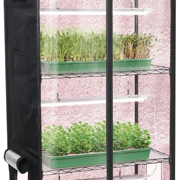 Mini Greenhouse with LED Grow Lights & Digital Thermo-Hygrometer – Portable Indoor Plant Grow Tent with Oxford Fabric Cover, Adjustable Shelves, Casters & Ventilation Flaps for Seed Starting